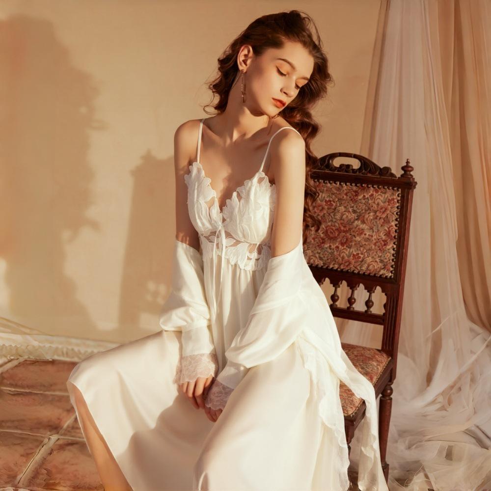 French Romantic Lace Nightgown & Silk Robe Set - High-End Elegant Homewear