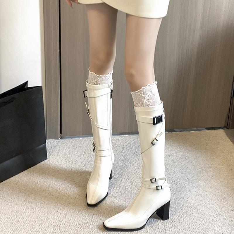 Winter Street Style Pointed Toe Woman Knee-High Boots Belt Buckle Zipper High Heels Long Booties Shoes for Daily Use
