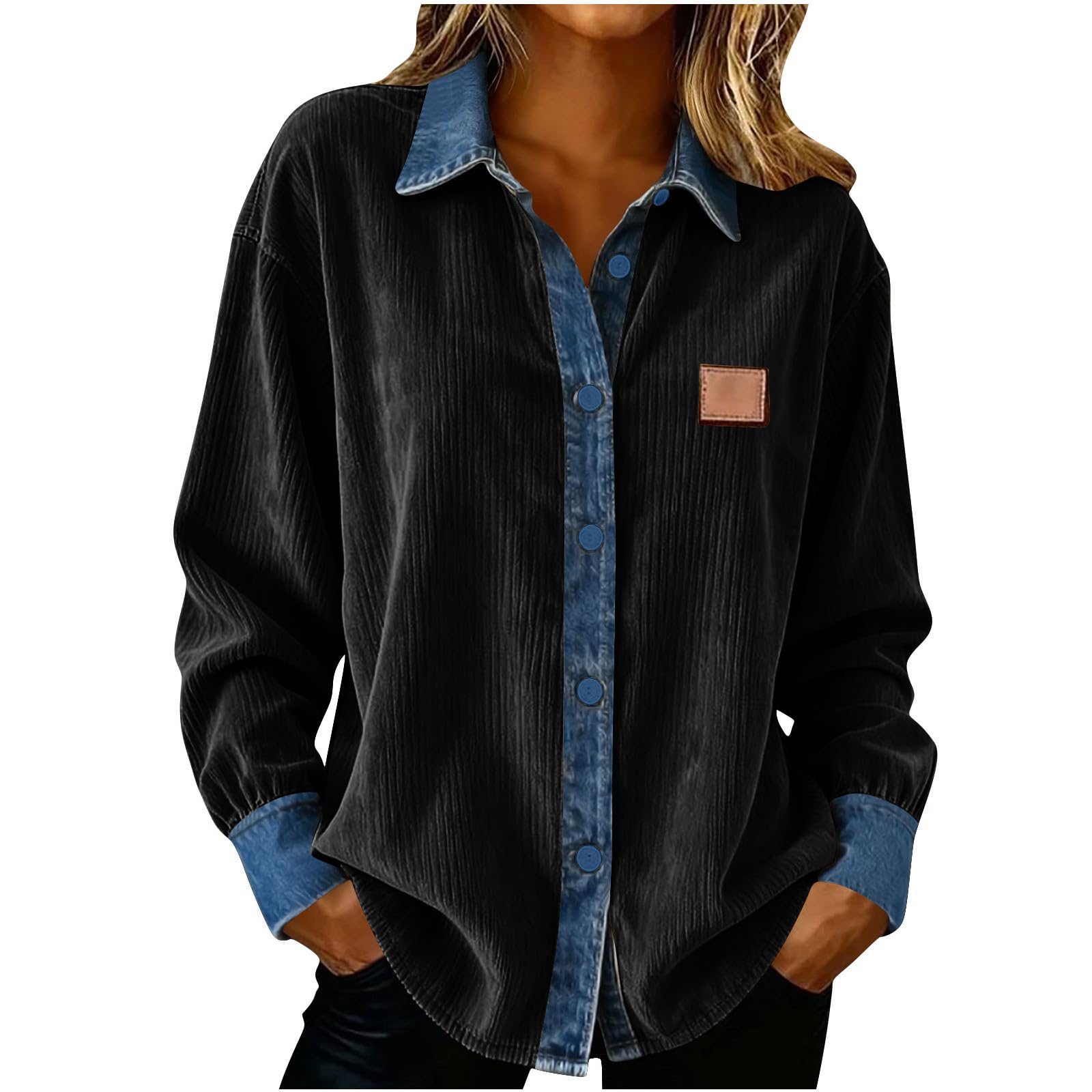 

Women s button down corduroy shirt, loose long sleeved casual top, lapel shirt L чорний