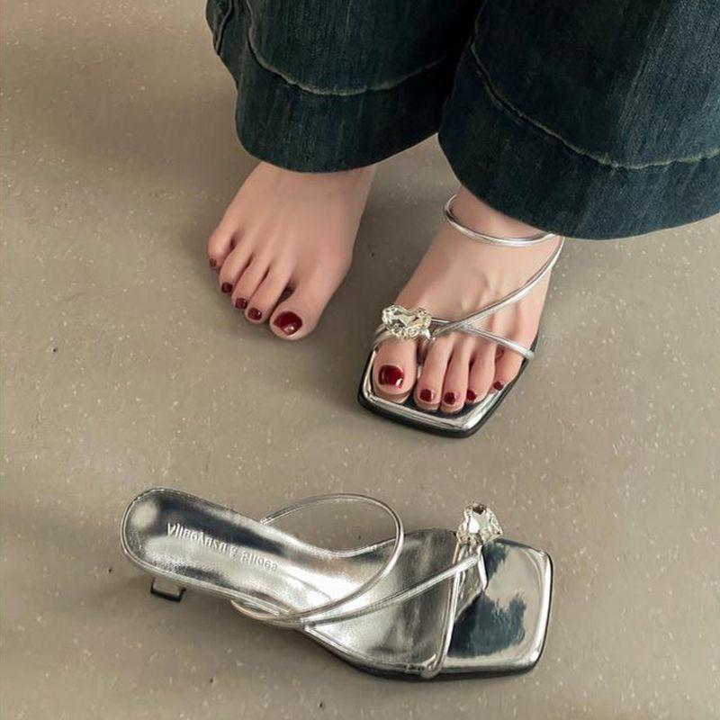 Sandals Woman Wearing Square Head with Skirt Wearing Cool Slippers Woman 2025 Summer French Rhinestone New Fairy