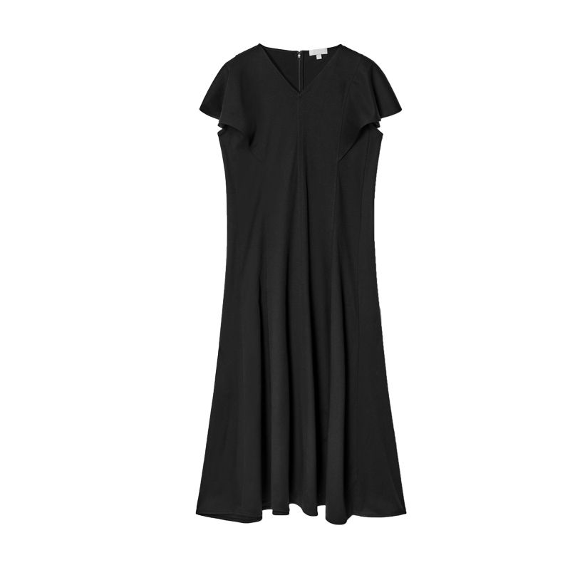 

CS Summer New Product Women s Clothes Cotton Pleated V Neck Standard Edition Flounced Sleeve Mid Length Long Length Dress 1272841 Black L