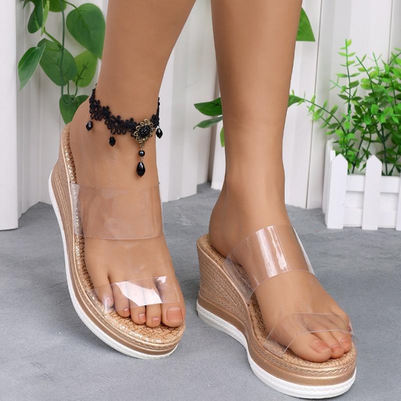 Slope heel cool slippers new fashionable round head thick sole transparent one-word slippers wear high-heeled open-toed sandals women's shoes