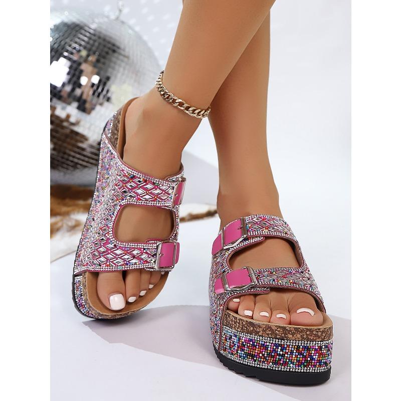 Thick-soled Rhinestone European and American Sandals 2025 Summer Plus Size Belt Buckle Soft-soled Flip-flops Women