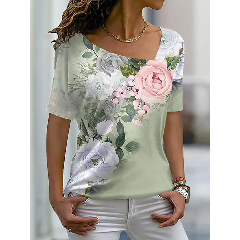 Flower Floral 3D T-shirt Summer Women Irregular V-neck T Shirts Streetwear Harajuku Short Sleeve Tees Sexy Oversized Y2k Tops