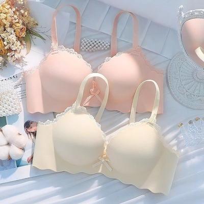 Damen Nahtloser Push-Up BH mit Spitzendesign Drahtlos Anti-Hängend Einteilig mit Schleifendekoration Unterwäsche