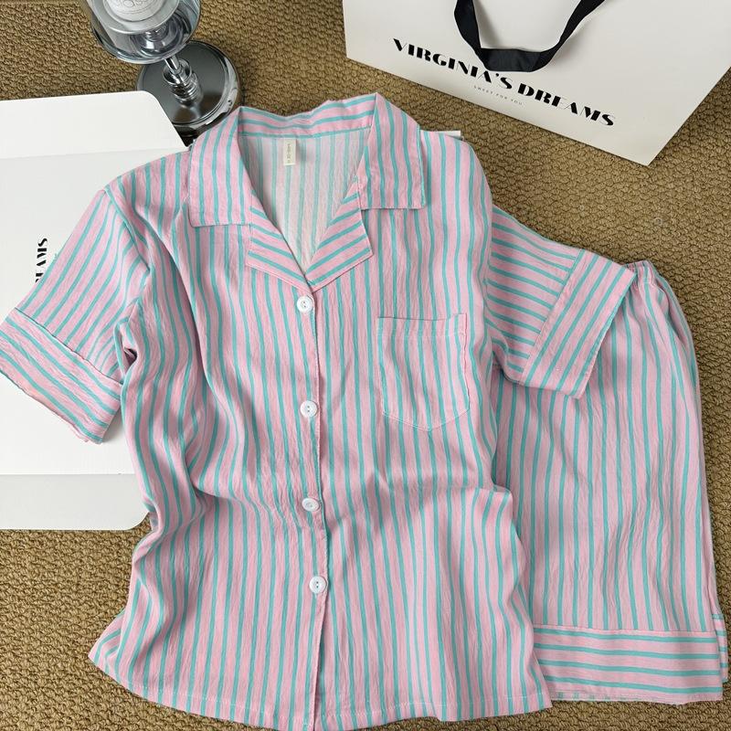 Korean simple contrasting striped pajamas women's new summer loose lazy short-sleeved shorts loungewear two-piece set