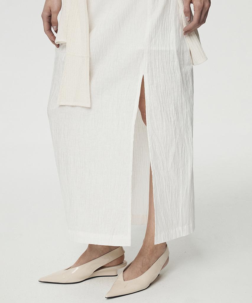 Umamung Japanese Crinkled Linen Side Slit Maxi Skirt_Pearl