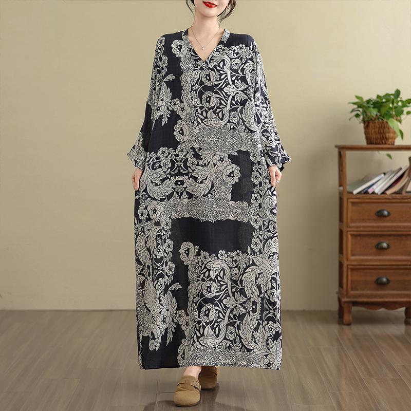 Dimanaf 2025 Women Plus Size Spring Long Dress Loose V-Neck Printing Vintage Casual Floral Oversize Long Sleeve 5027
