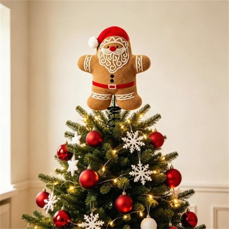 Character Christmas Tree Top Decoration with Fabric Styling and a Coil Spring Base for Home, Office, or Retail Displays
