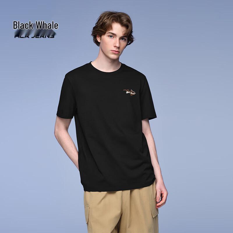 HLA Black Whale Men s Letter Print Casual Round Neck T-shirt M