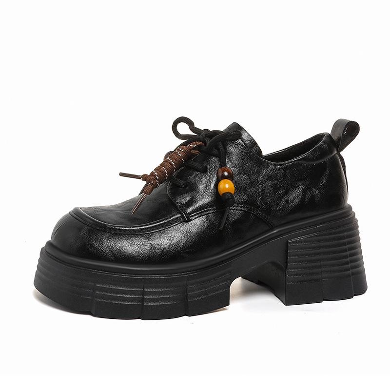 Women's leather shoes 2026 new autumn and winter thick heeled black small leather shoes versatile thick soled loafers for women