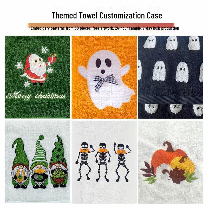 Pure Cotton Christmas Embroidery Towel Set for Kitchen or Hand Use - Custom Logo Available, Ideal for Holiday Gifts