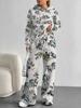 European, American Autumn and Winter Blue Flower Casual Long-sleeved Suit Women's Hooded Sweater Trousers Two-piece Set