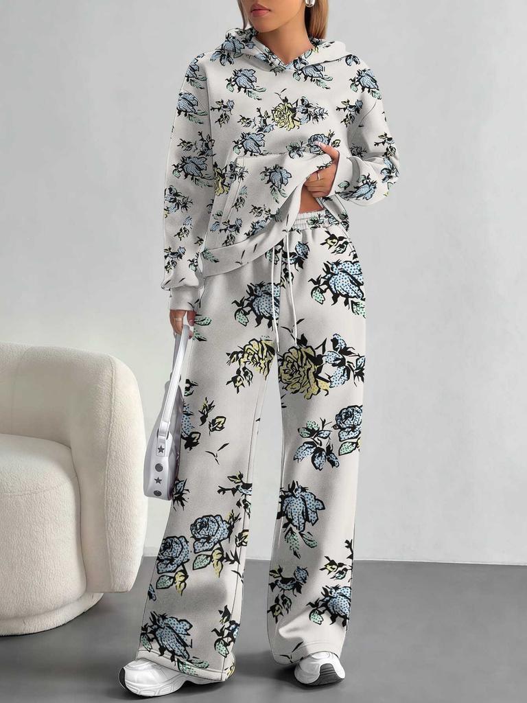 European, American Autumn and Winter Blue Flower Casual Long-sleeved Suit Women's Hooded Sweater Trousers Two-piece Set