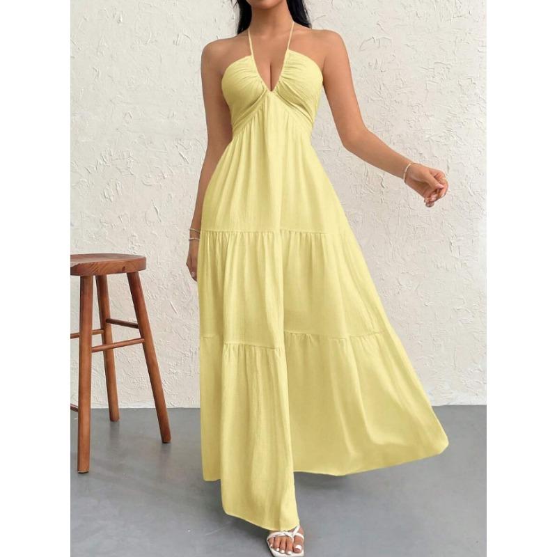 white halter v neck tiered maxi dress for women beach party and casual wear