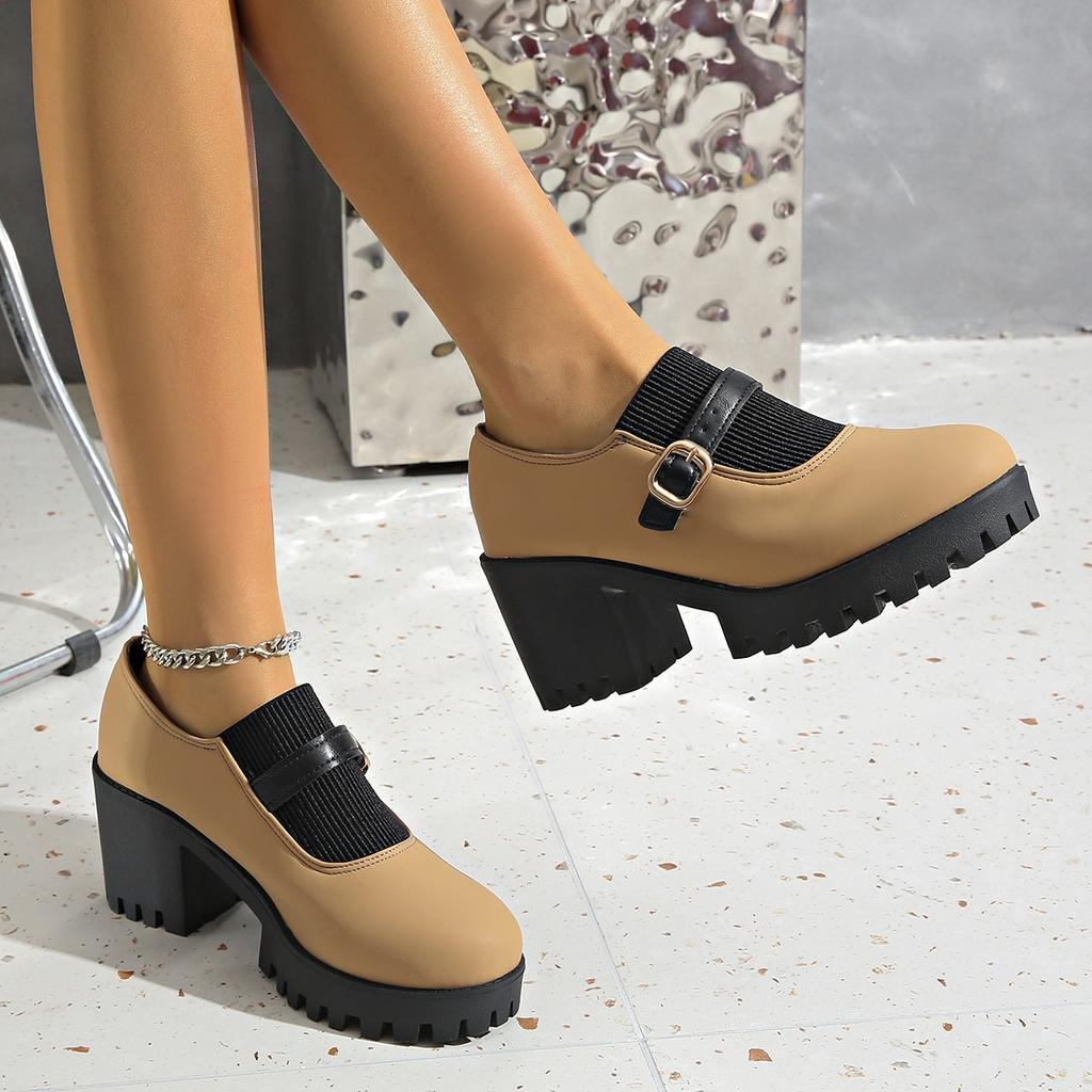 Large Size High Heel Thick Heel Boots Autumn and Winter New Interview Round Head Shoes Deep Mouth  Shoes