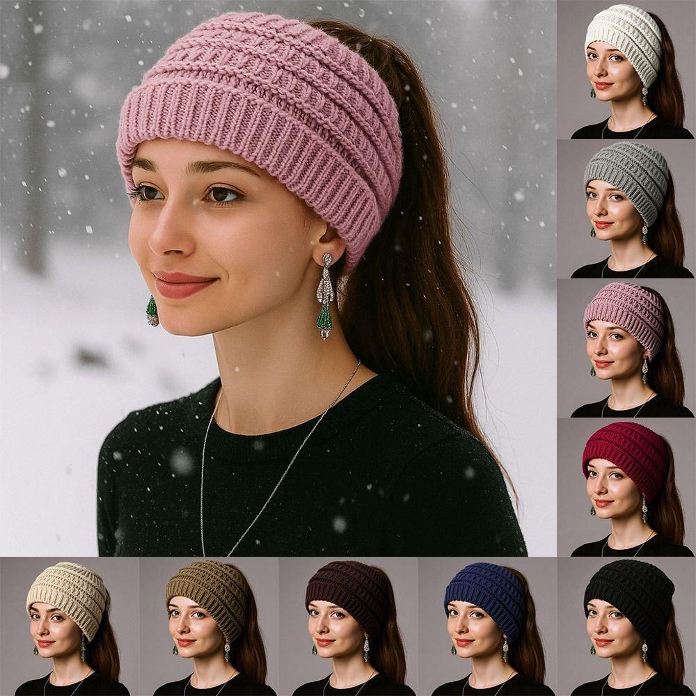 Solid Color Ponytail Beanie Hat Headwear Women's Hat Warm Knitted Hat  Winter