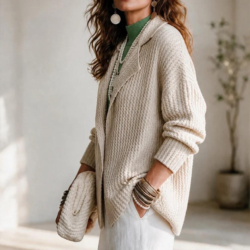 Women's Fashion Color Lapel Collar Long Sleeve Button Down Knit Cardigan Sweater Jacket Loose Fit Drop Shoulder