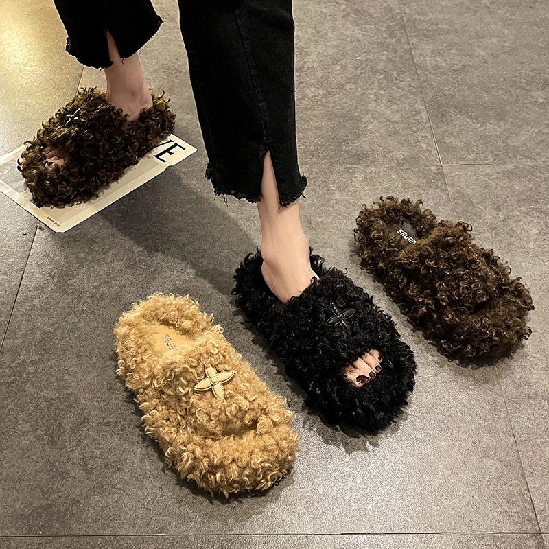 Vintage design cross fluffy slippers women autumn and winter dark clouds thick bottom versatile cute long curly slippers women