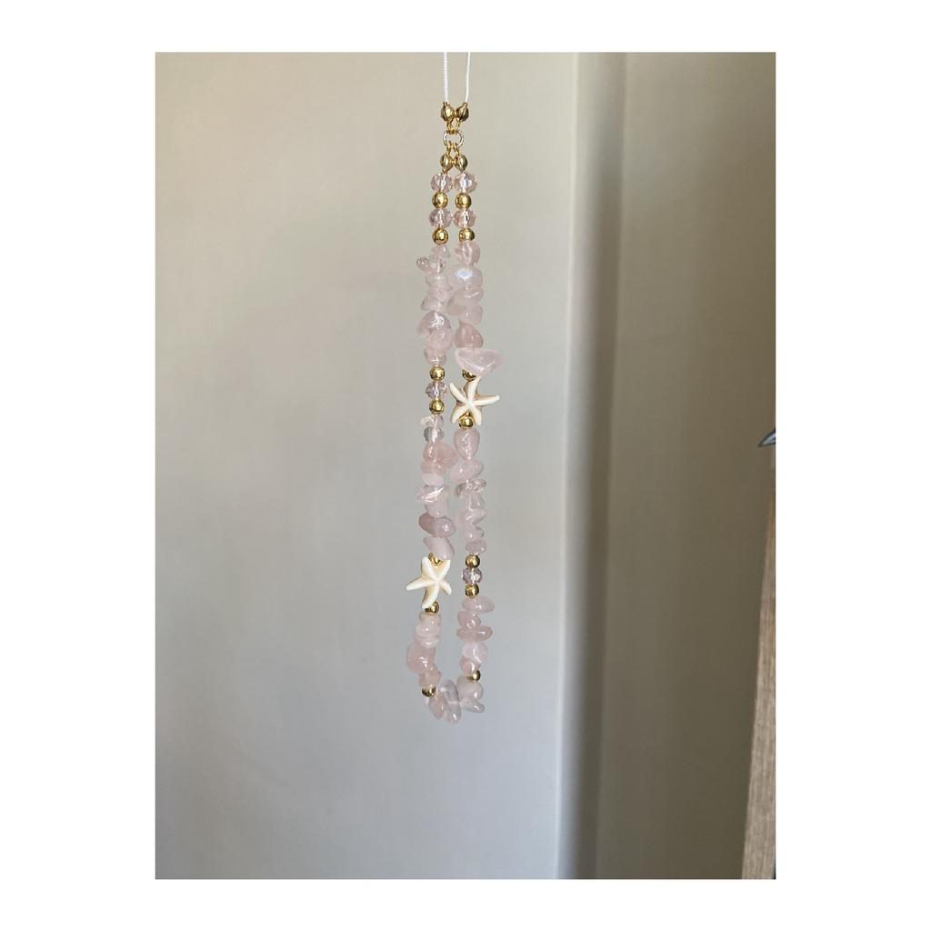 Pink Quartz Natural Stone Pink Crystal Detailed Star Gold Detailed Phone Strap Charm Accessory Rope