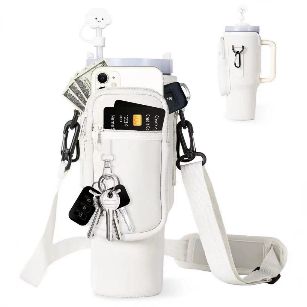 Water Bottle Carrier Bag with Phone Pocket for Stanley 40 & 30 Oz Tumbler with Handle,Pink Insulated Neoprene Cup Holder Pouch