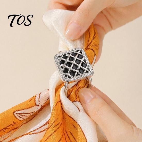 Non-slip Scarf Clasp Grid Square Ring, Rhinestone Silk Clip, Decorative Fine Electroplated Ring Slide Elegant Wrap Holder for Women Neckerchiefs
