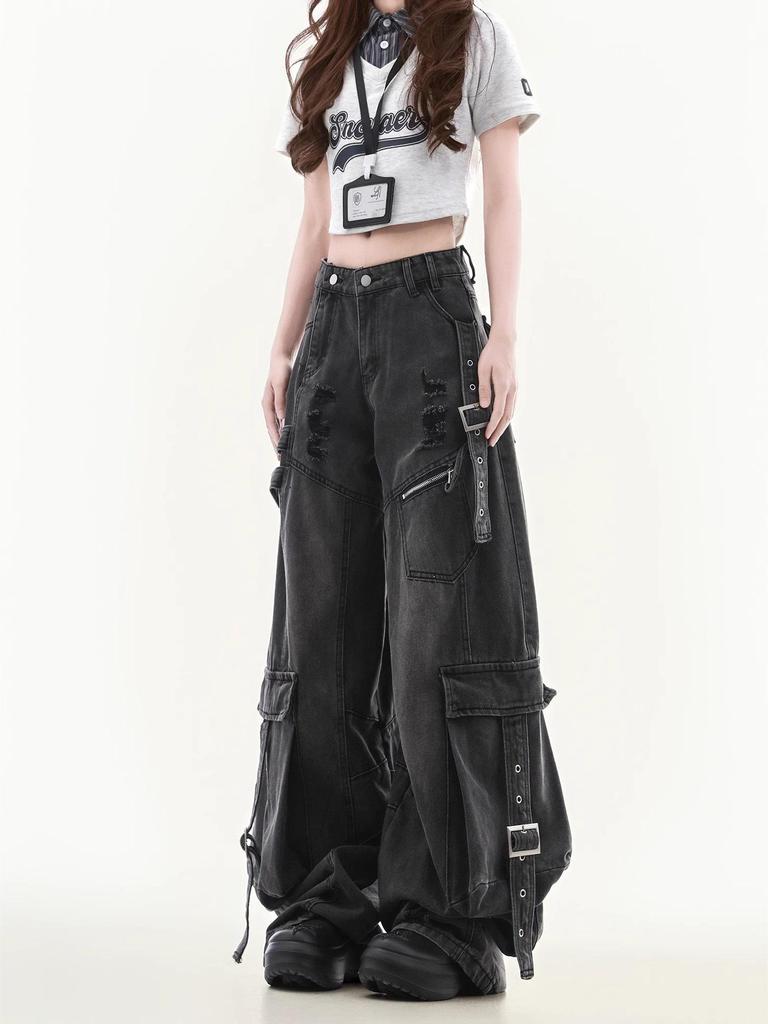 Unisex Wide-Leg Multi-Pocket Ripped Blue Jeans with Deconstructed Ribbon