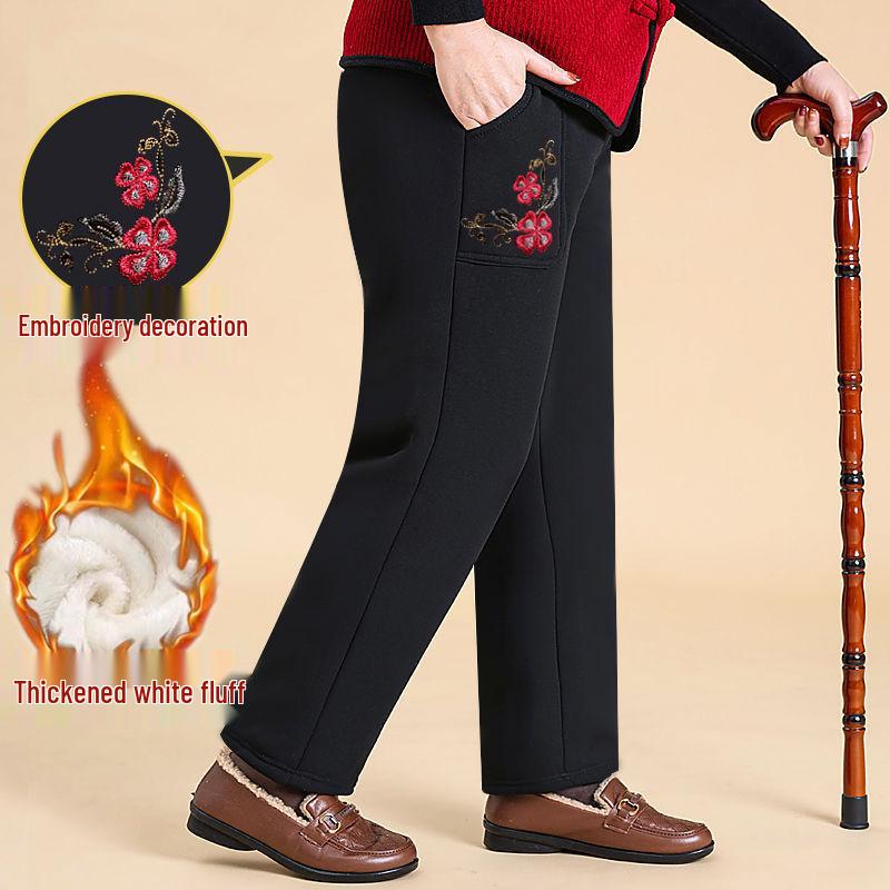 Women's Winter Embroidered Floral Cotton Pants, Loose Fit, Elastic Waist, for Middle-Aged & Elderly, Plus Velvet, Straight-Leg.
