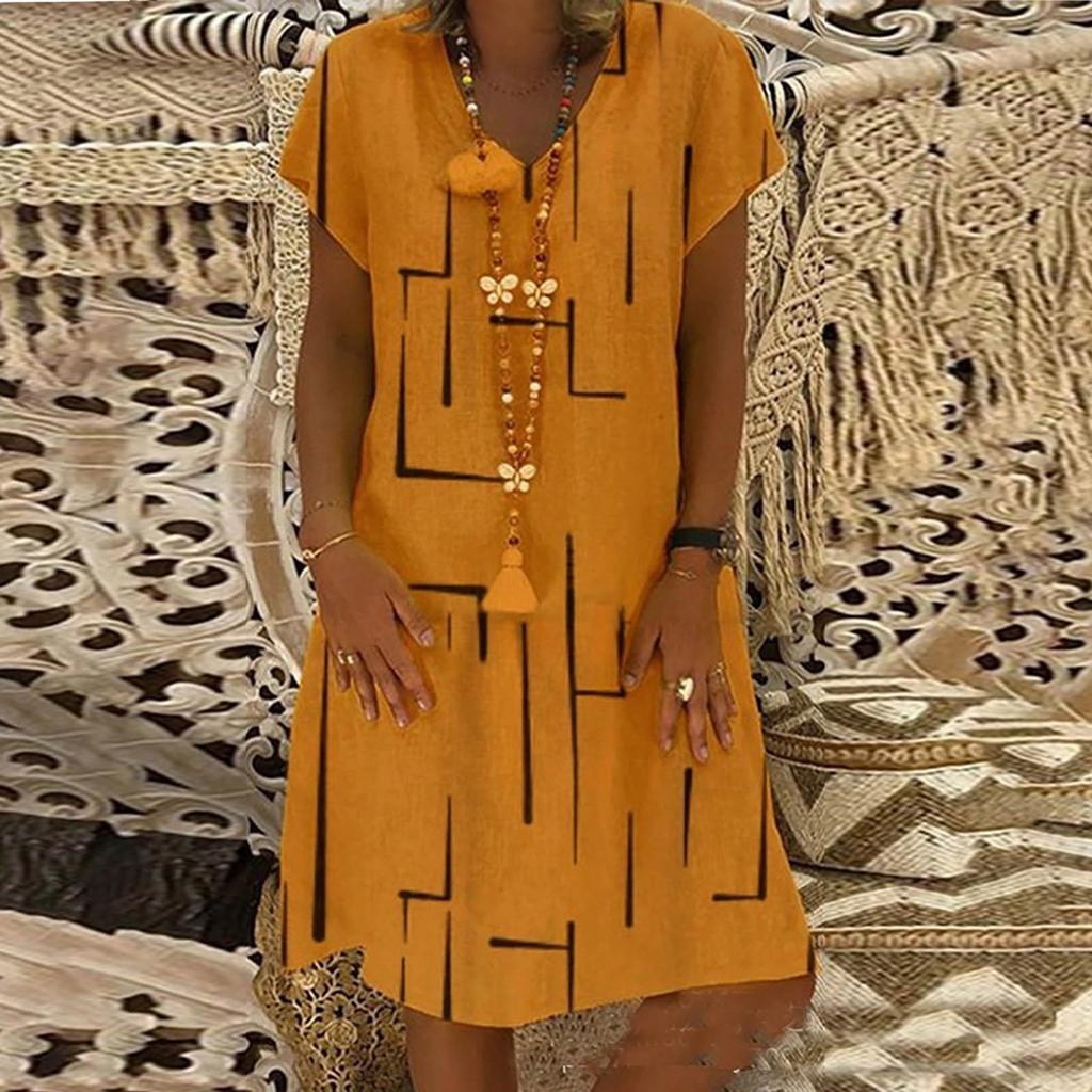 Folded Line Printing Loose Pullover Princess Dress V-neck Ladies Dress