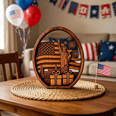 Centrotavola Patriottico per il 4 Luglio Bandiera Americana in Legno Segno in Piedi della Statua della Libertà per il Giorno dell'Indipendenza Decorazione per Vassoio a Gradini in Stile Rustico