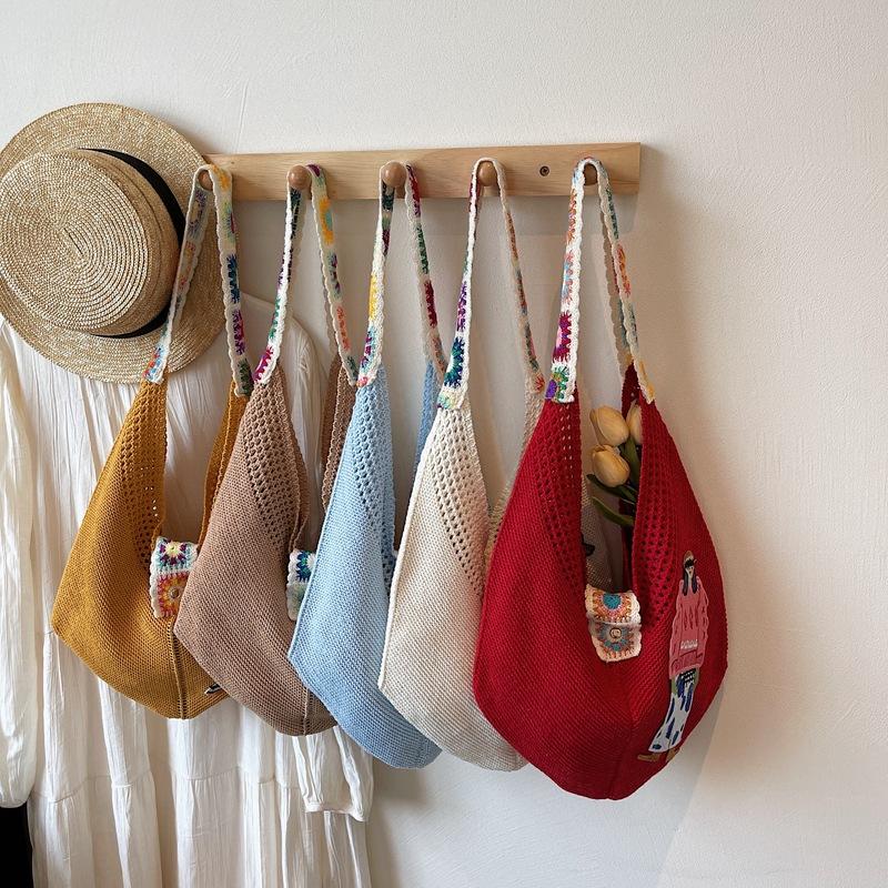 Carto Figure Hollow Mesh Knit Shoulder Bag,Beach Vacati Slouchy Chic Tote Bag,Lightweight Laid-Back Casual Women Handbag