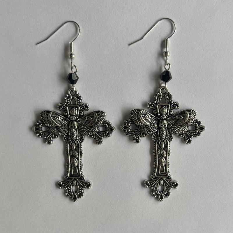 Dark Punk Gothic Moth Cross Earrings: European & American New Exaggerated Design