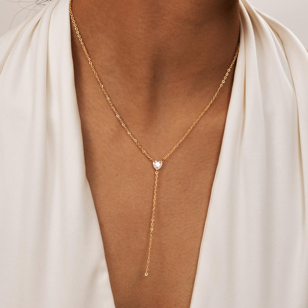 Lange Halskette für Damen mit Zirkon-Quaste in Herzform, Flache Edelstahl-Kreuzkette, Verstellbare Quasten-Mode-Pulloverkette