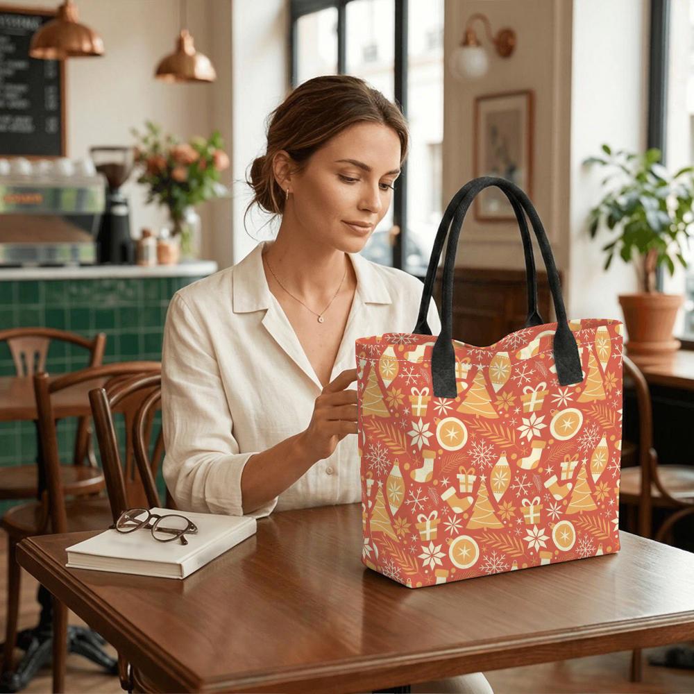  Christmas Pattern Tote Bag Large Capacity Canvas Shoulder Bag for Festive Shopping