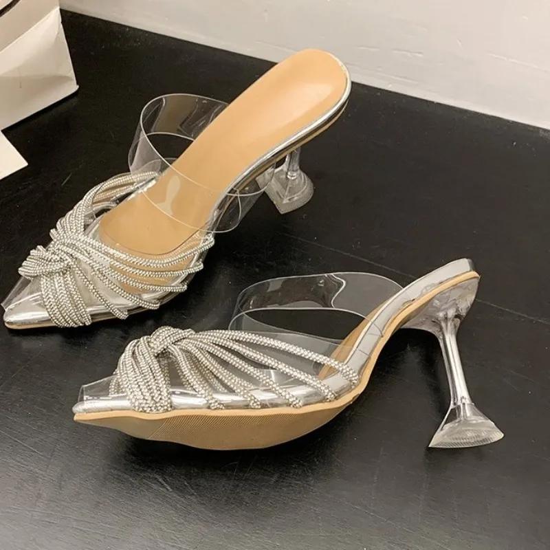 Fashion Pointed Toe Transparent High Heels Women's New Summer Fashion  Baotou Shallow Rhinestone Stiletto High Heel Sandals