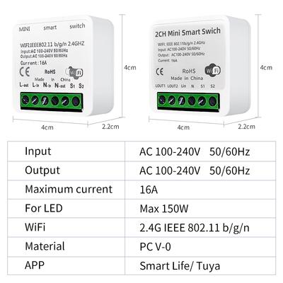 1/2 Gang Smart Switch Wifi Tuya Smart Life Light Switch Module 100-240V 16A Relay Breaker Remote Control for Alexa Google Yandex