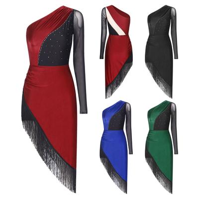 Damen Ein Schulter Latein Tanzkleid Quasten Fransen Salsa Tango Ballsaal Glänzende Strasssteine Asymmetrischer Rock