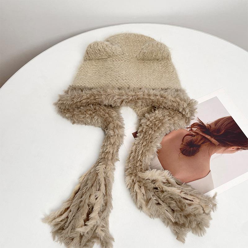 Cat Ears Contrasting Pigtails Knitted Hat Women's Winter Outdoor Warm Ear Protection Bear Hat Showing Face Small Pullover Wool Hat