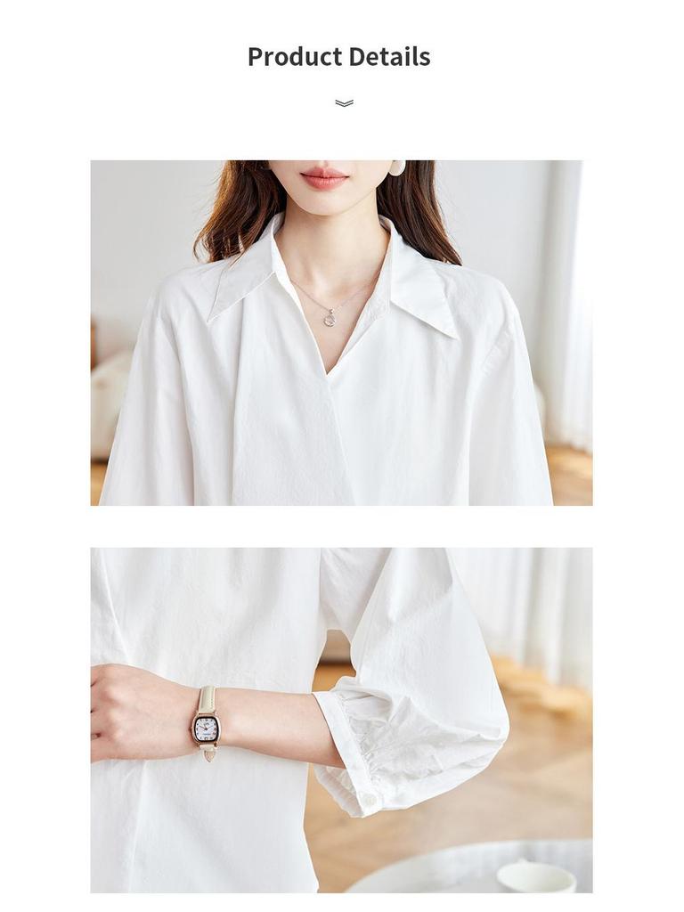 Damen Weißes Langarm-T-Shirt aus reiner Baumwolle mit V-Ausschnitt, Herbst 2025 Französischer Stil