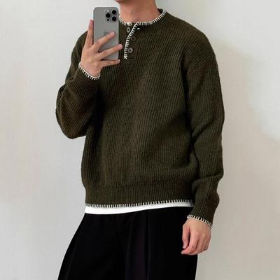 Men's Cleanfit Henley Collar Knit Sweater - Autumn/Winter High-End, Casual Base Layer