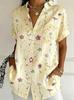 Women's Spring Summer 3D Printed Collared Shirt, White Gradient Watercolor Mixed Wildflower Pastoral Blouse