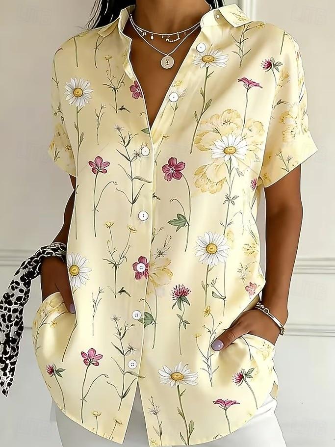 Women's Spring Summer 3D Printed Collared Shirt, White Gradient Watercolor Mixed Wildflower Pastoral Blouse