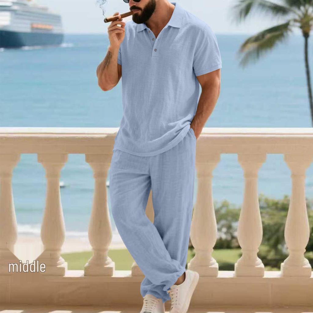 Men's European Summer Linen Polo Shirt & Pants Set - Breathable and Casual Travel Wear