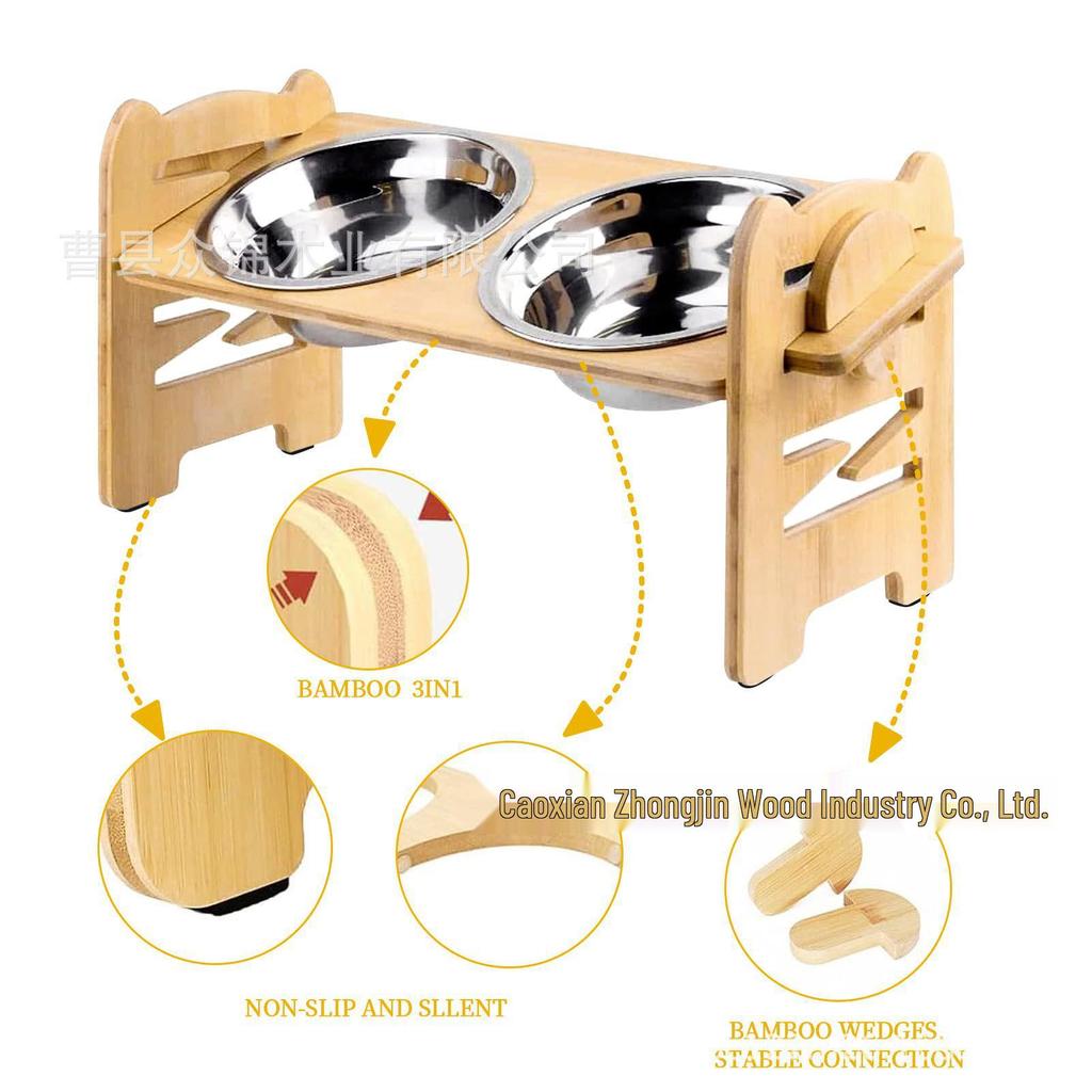Adjustable Solid Wood Pet Bowl Stand for Cats & Dogs - Double Compartment Feeding Rack with Neck Protection