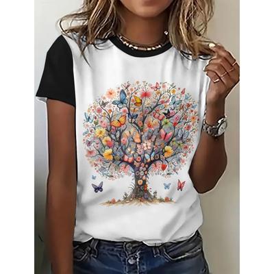 3D Printed Pattern T-shirt, Summer and Spring Short Sleeved Round Neck Casual Top, Women's Clothing