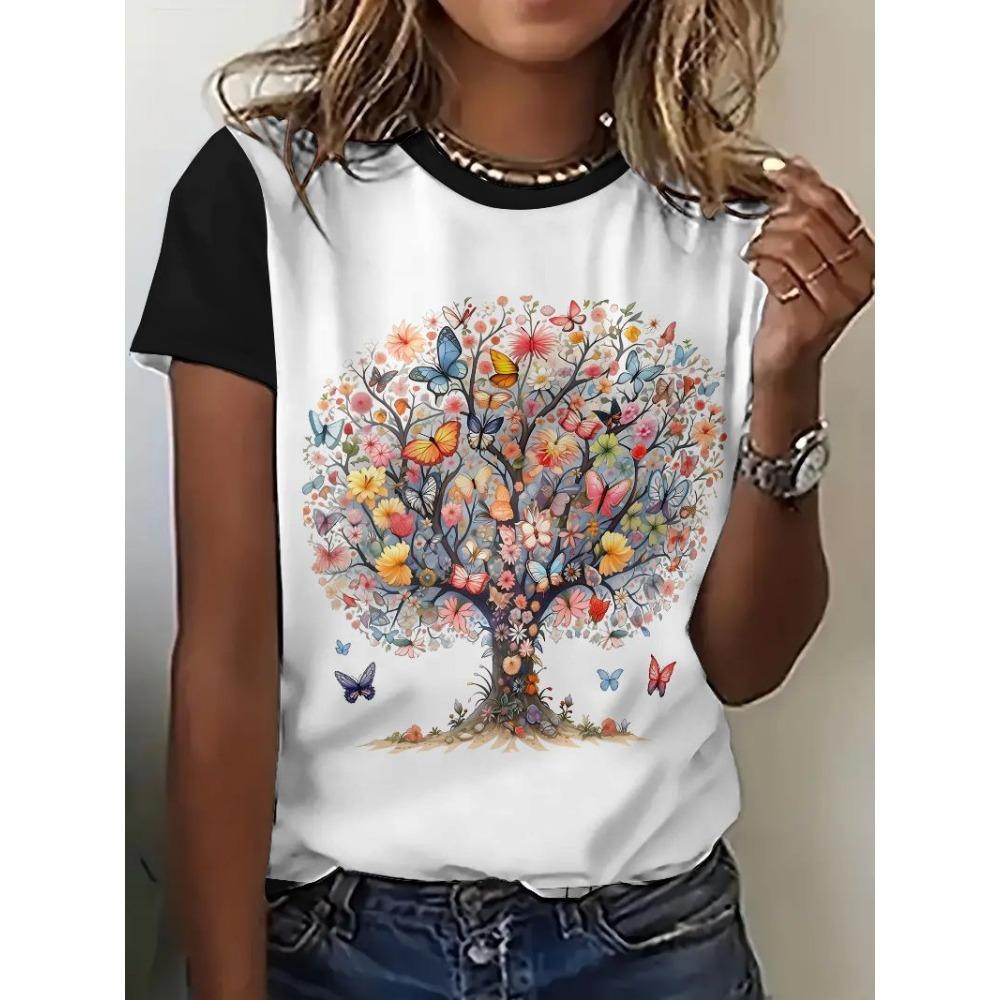 3D printed pattern T-shirt, summer and spring short sleeved round neck casual top, women's clothing