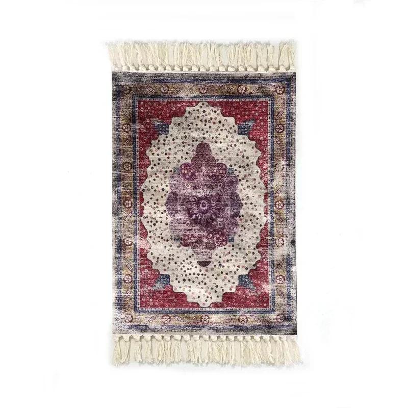 Persian Style Hand-Knotted Floor Mat With Tassels Retro Ethnic Geometric Printed Area Rugs Kitchen Bedroom Bath Non-Slip Carpet