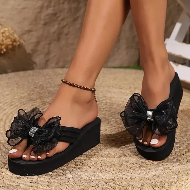 Fashion Black Mesh Bowknot Wedges Slippers Women Plus Size 36-43 Outdoor Platform Flip Flops Woman Summer Lightweight Clip Toe Sandals
