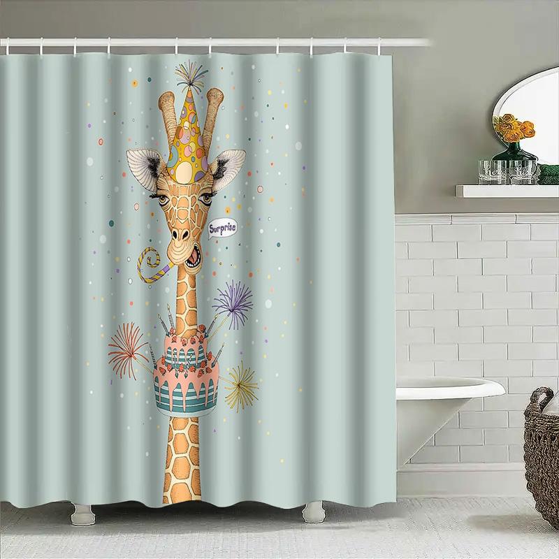 Cute Animal Birthday Party Shower Curtain Giraffe Happy Birthday Backdrop Festive Bathroom Decor Washable Waterproof Home Decor