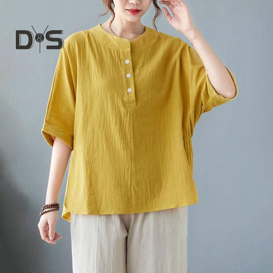 Women's Casual Two-Piece Set 3/4 Sleeve Crew Neck Button Top Wide Leg Pants Set Summer Loose Loungewear Outfit